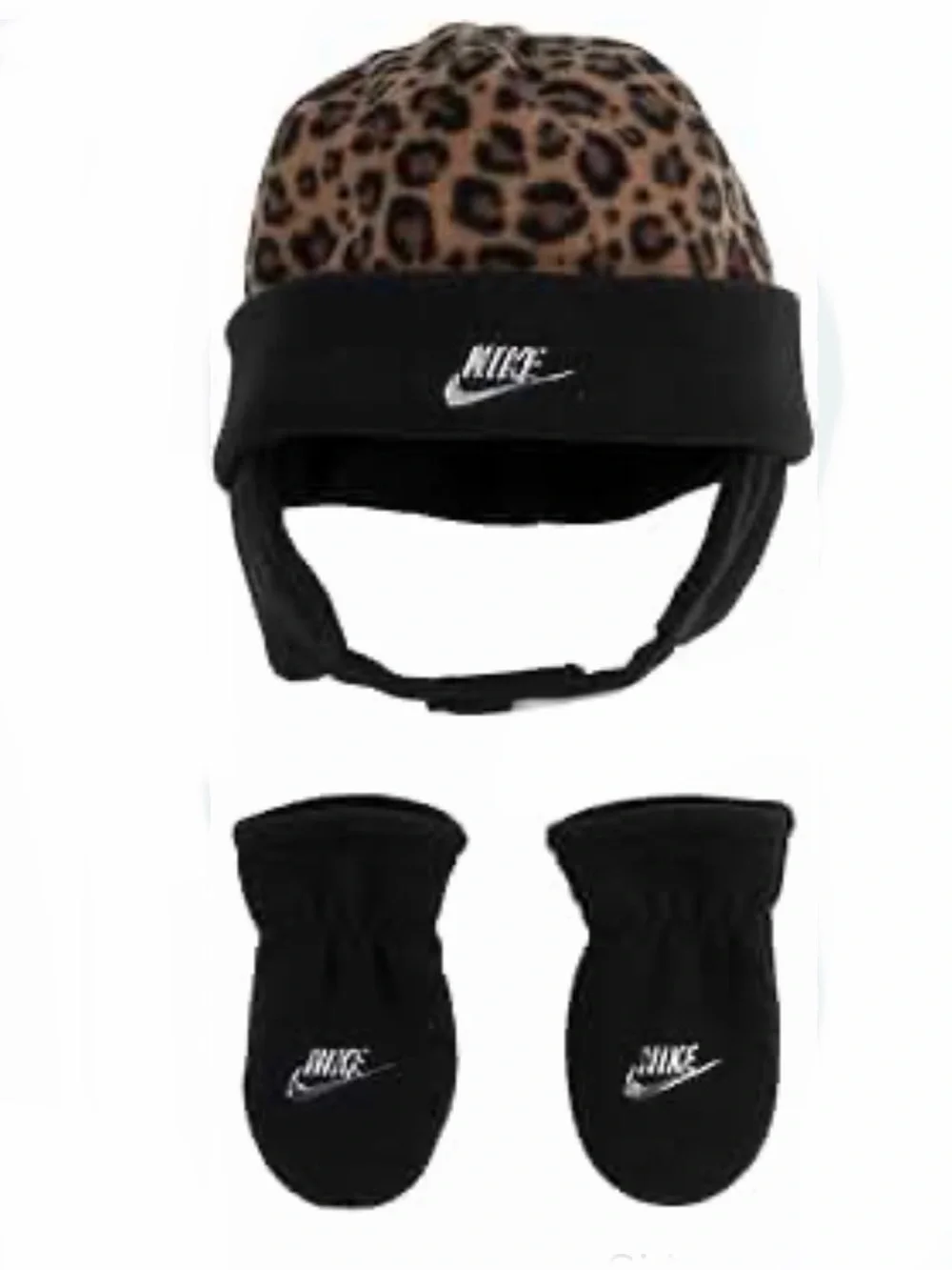 Nike Black Fleece Hat with Leopard Print Panel and Matching Mittens